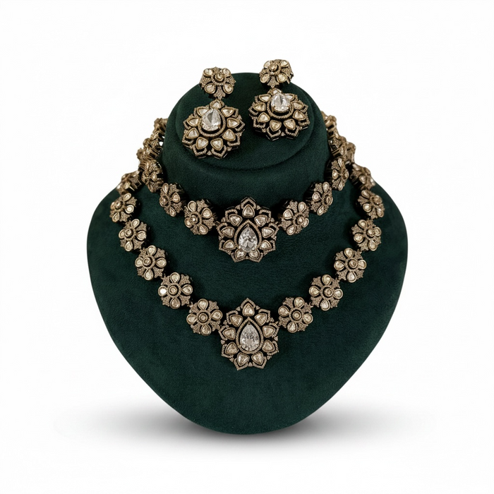 Gold and Silver Kundan Necklace - Premium Kundan Necklace Set