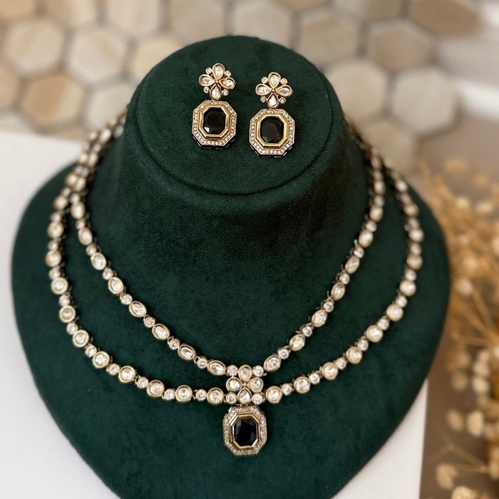 Navy Blue Kundan Necklace Set: Necklace and Earring Set