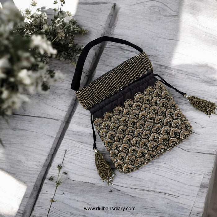 Black Potli Bag – Antique Gold Zardosi Work Evening Bag