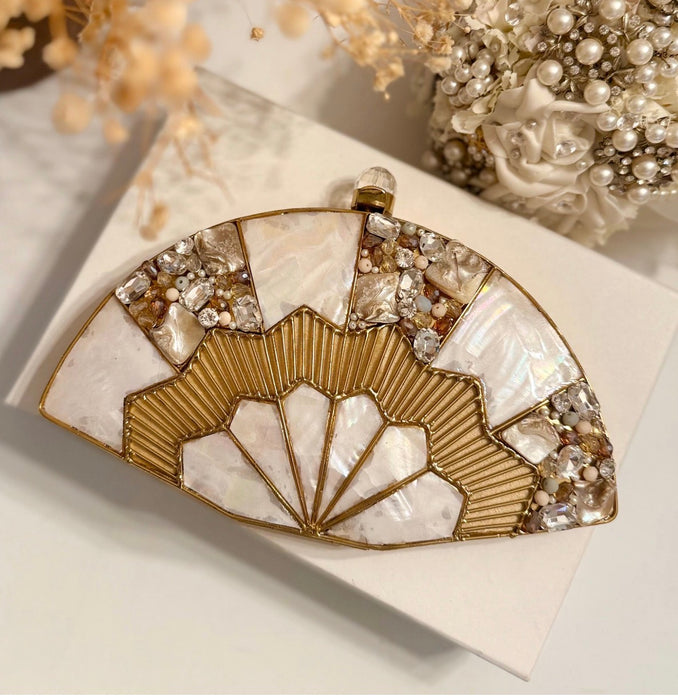 Mother of Pearl Fan Clutch: Gold Plated Statement Clutch