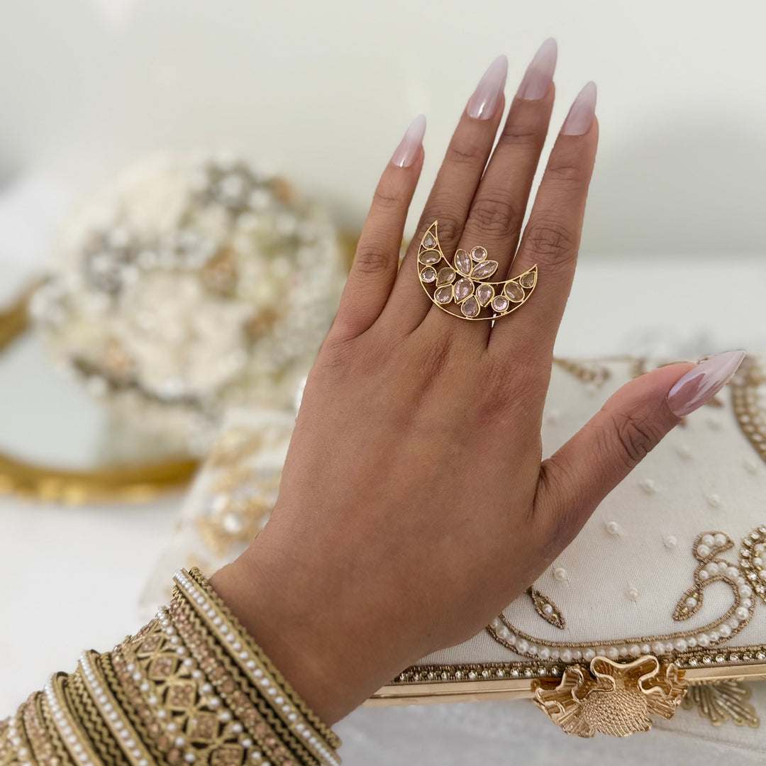 Moon Inspired Ring : Gold Finish Bridal Ring With Kundan and Brass