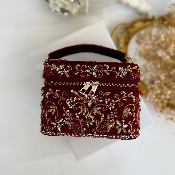 Maroon Vanity Case Bag | Hand Embroidered Suede Bridal Bag