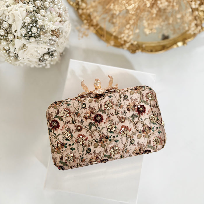 Hand-Embroidered Clutch Bag | Champagne Floral Purse