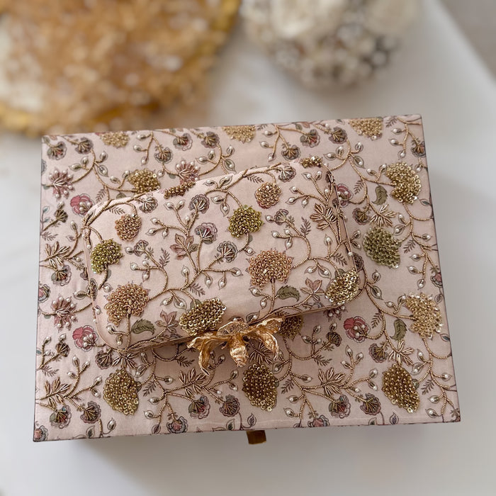 Dusty Pink Floral Bridal Trousseau Box | Hand-Emroidered Keepsake Storage Box
