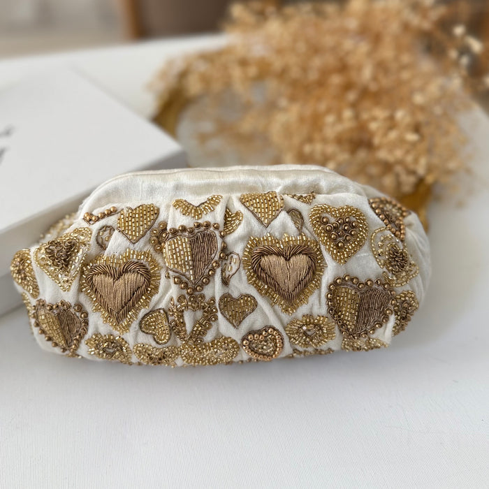 Ivory Velvet Evening Pouch Bag | Traditional Zardosi Embroidery