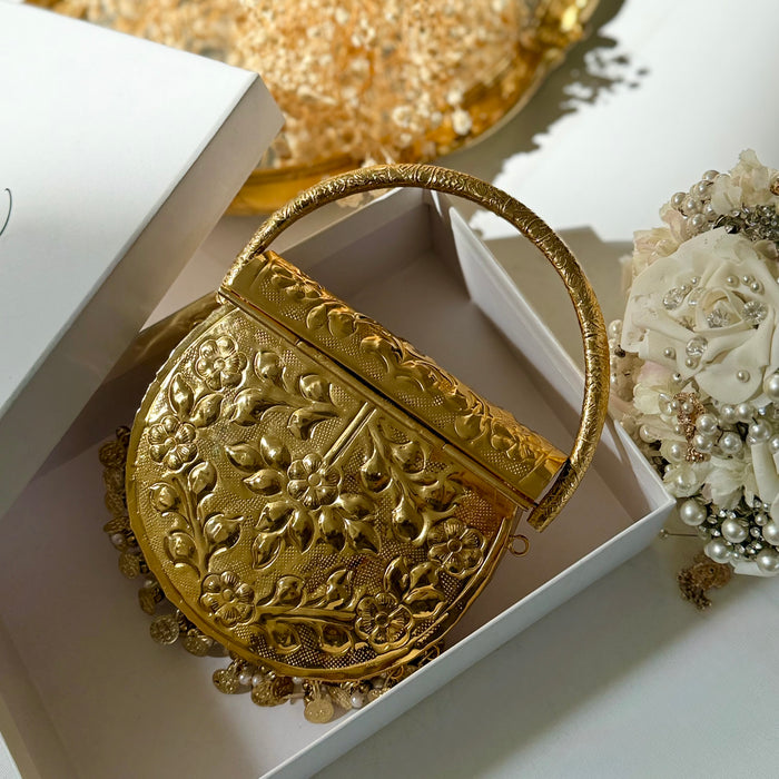 24k Gold Plated Brass Clutch: Vintage Style Top Handle Handbag