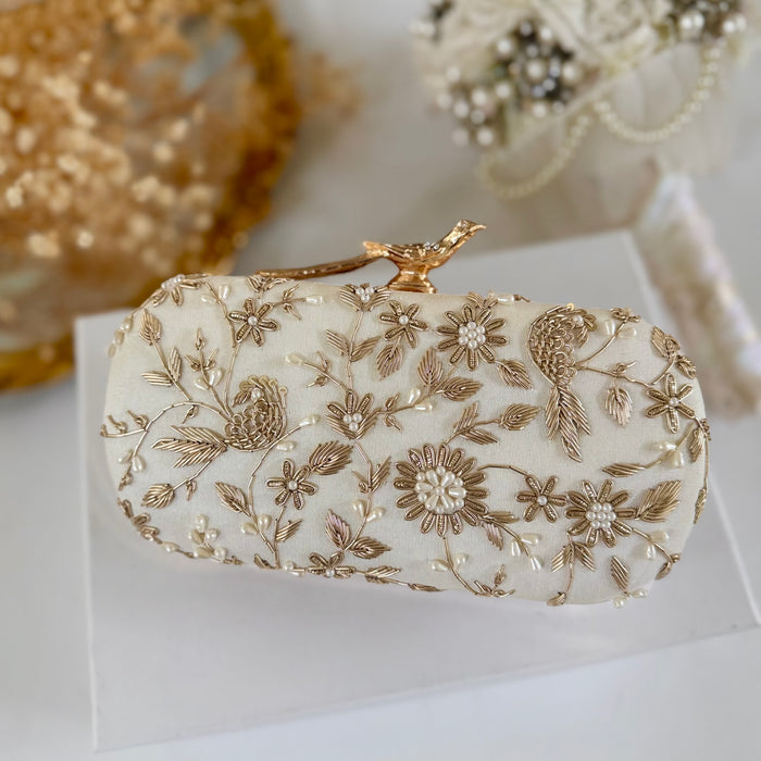 Ivory Bird-Motifs Bridal Clutch