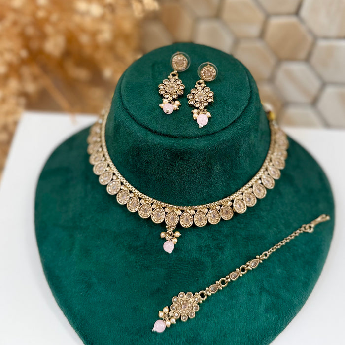 Indian Gold Plated Jewelry Set: Minimalist Bridal Necklace, Earrings and Tikka Set