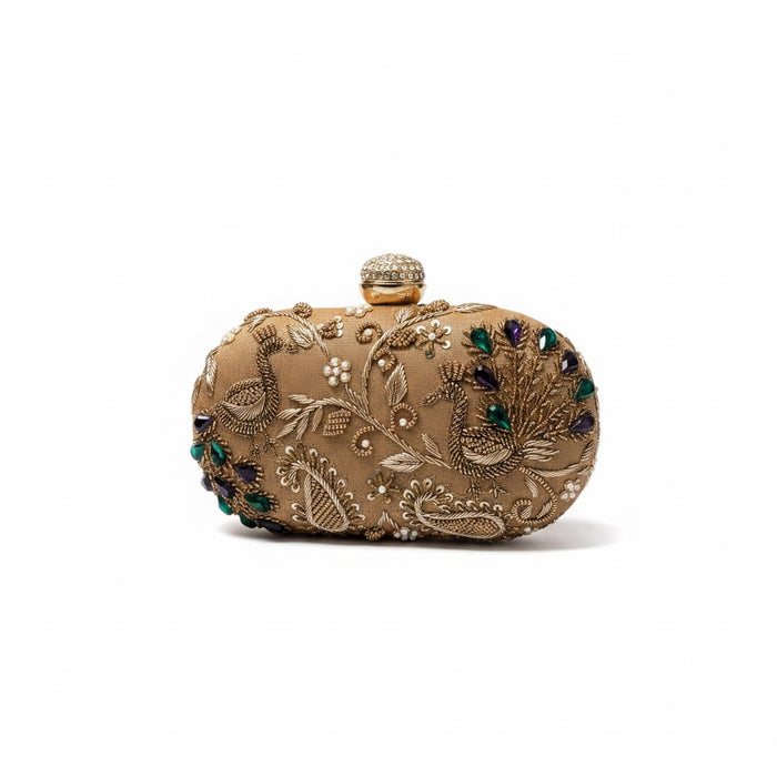Gold Peacock Zardozi Embroidered Clutch