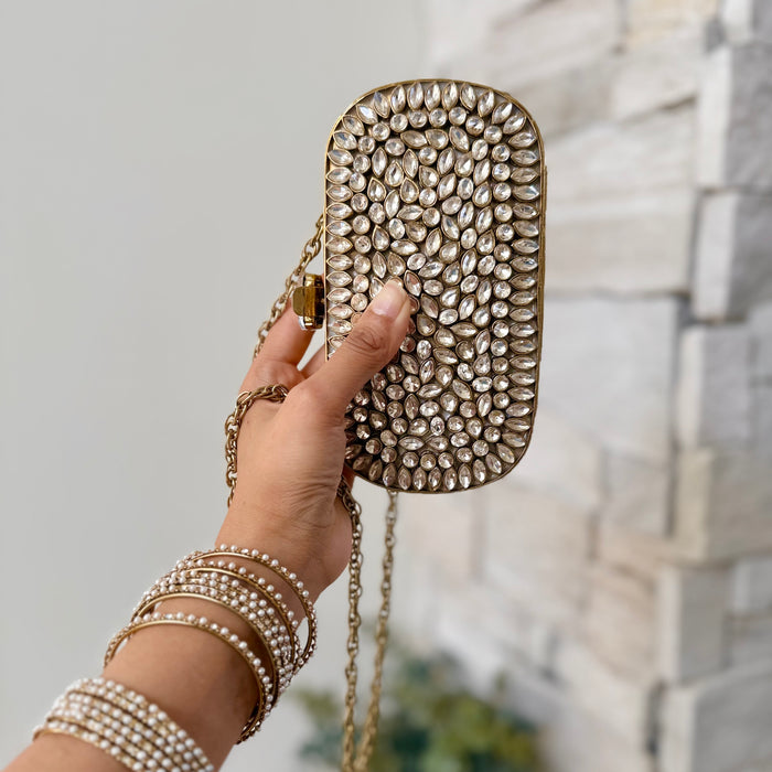 Handmade Kundan Bridal Clutch: Gold Evening Bag with Chain