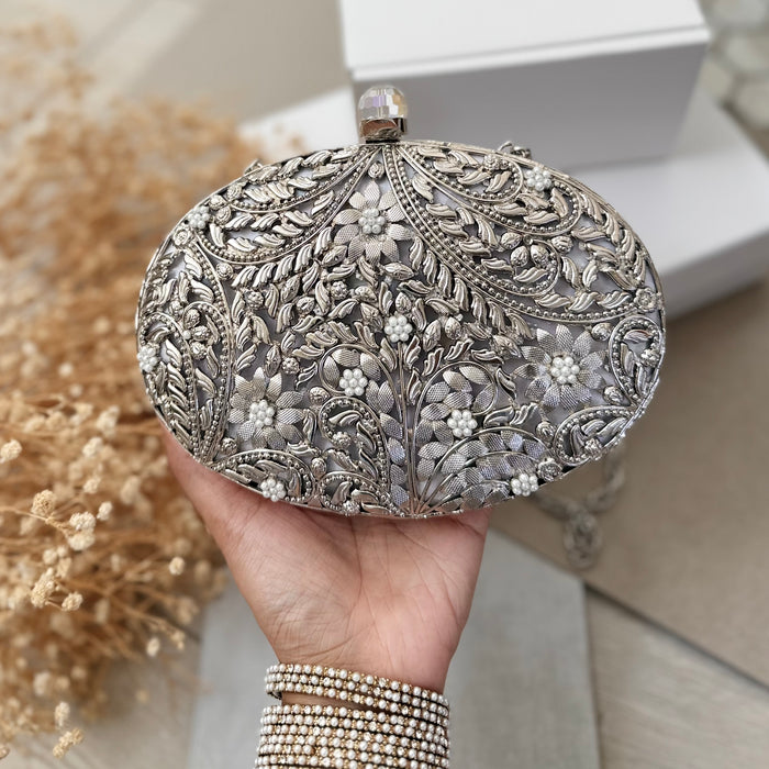 Silver Mother of Pearl Bridal Clutch | Brass Floral Evening Bag