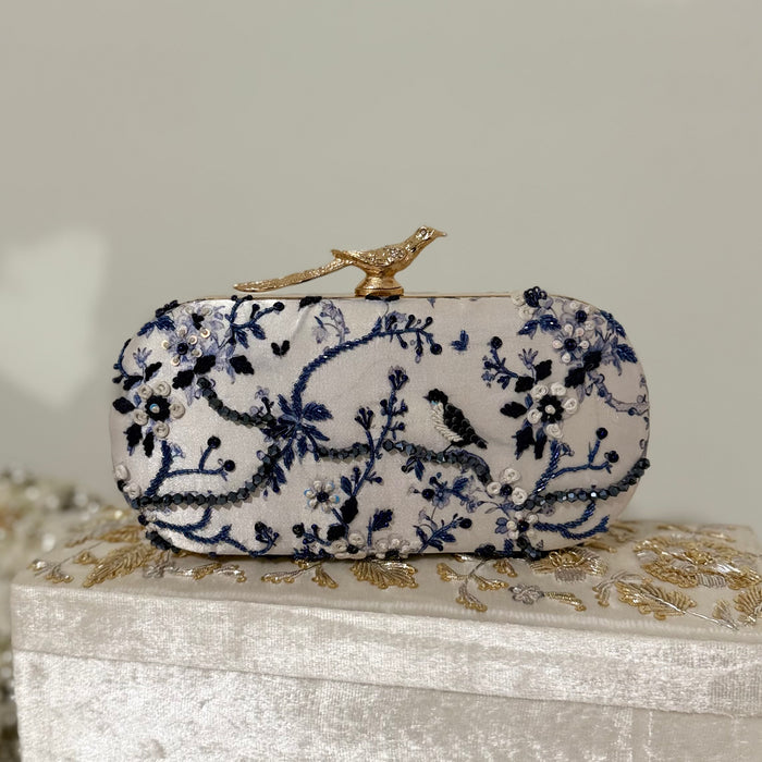 Floral Zardosi Bridal Clutch: Navy Blue Zardozi Work Printed Wedding Clutch With Bird Knob