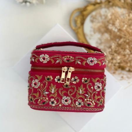 Fuchsia Vanity Case Bag | Hand Embroidered Suede Bridal Bag