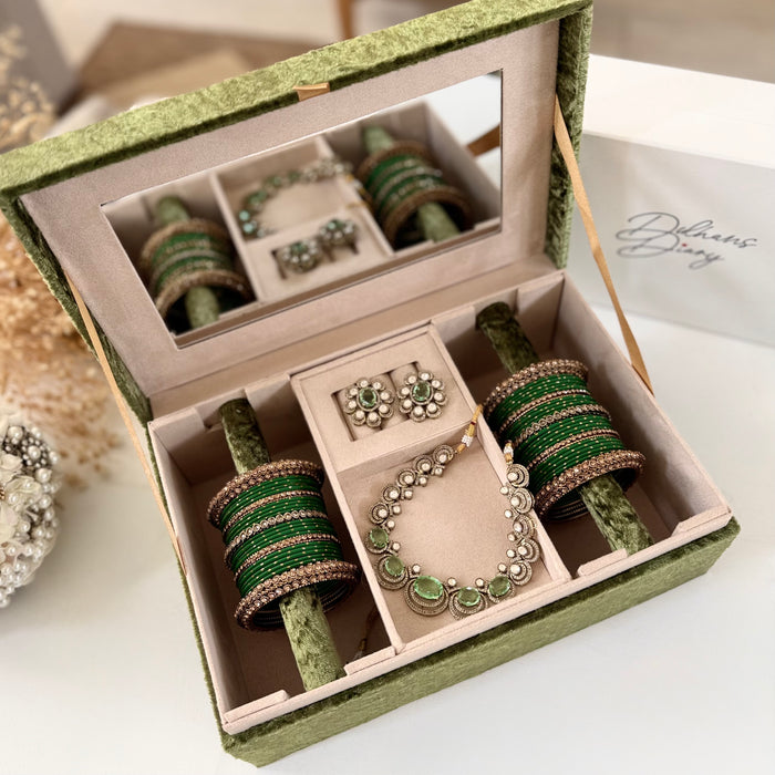 Olive Green Zardozi Work Trousseau Box - Bird Theme Keepsake Box