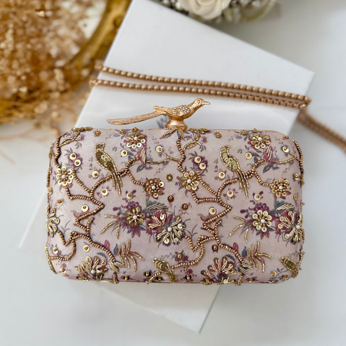 Champagne Bird Motif Hand-Embroidered Clutch With Bird Knob