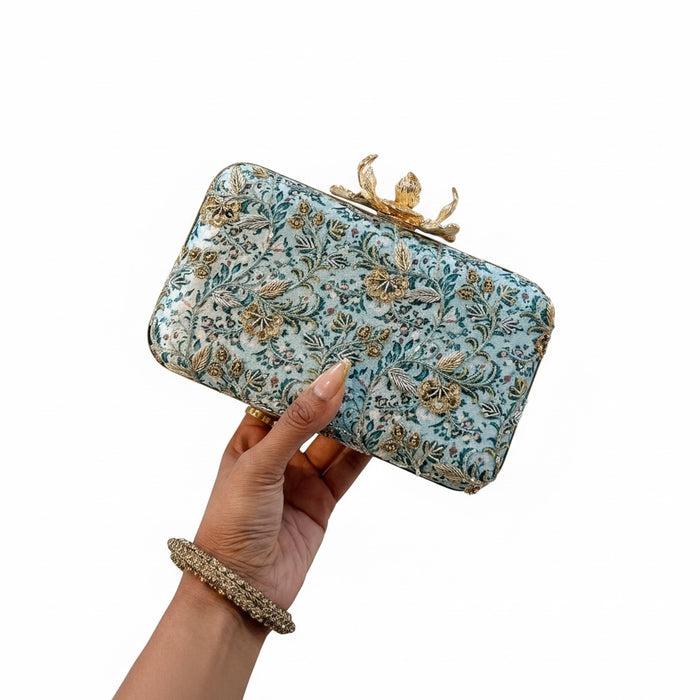 Teal Blue Hand-Embroidered Clutch With Large Flower Clasp 