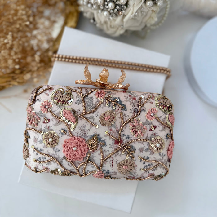 Champagne Bird Motif Hand-Embroidered Clutch With Bird Knob