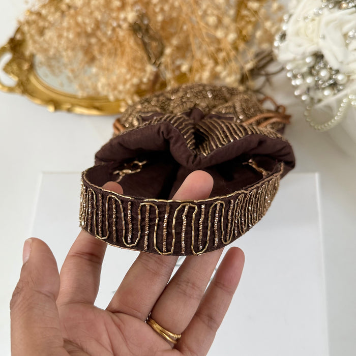 Brown Potli Bag – Antique Gold Zardosi Work Evening Bag