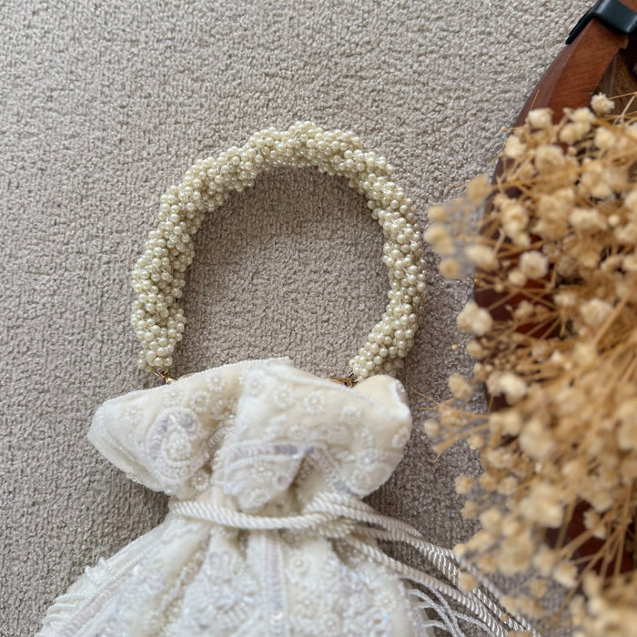 Ivory Beaded Potli Bag: Beaded Wedding Day Bag