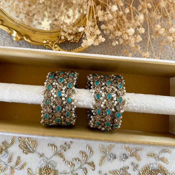 Bridal Polki Bangle Set: Pearl Blue Bangles