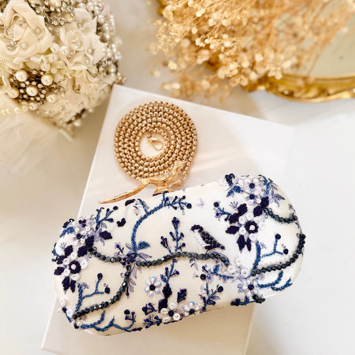Floral Zardosi Bridal Clutch: Navy Blue Printed Wedding Clutch With Bird Knob