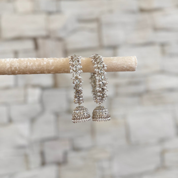 Silver Pearl Polki Bridal Bangle Set with Jhumka