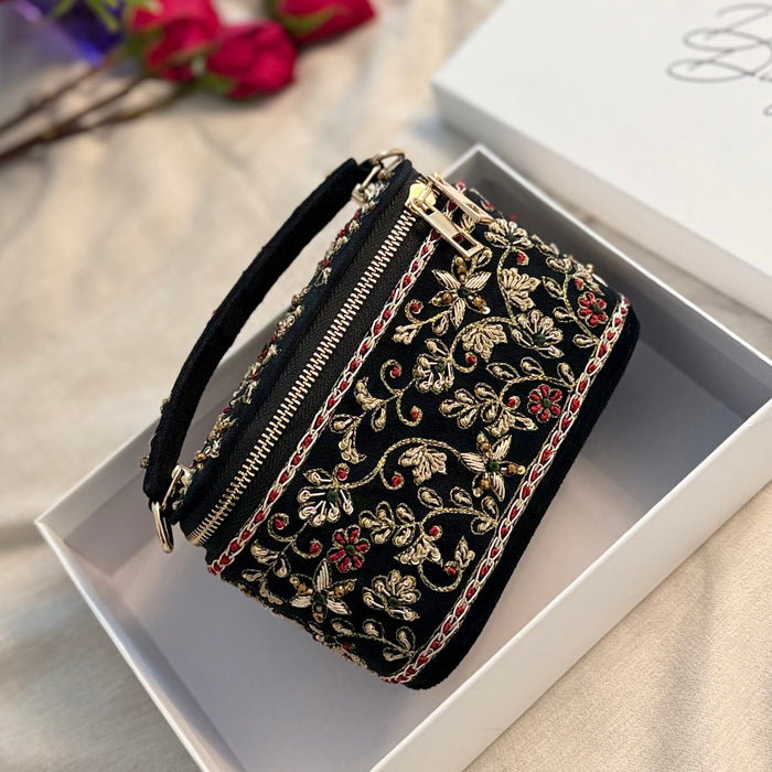 Embroidered Vanity Case Bag | Hand Embroidered Suede Bridal Bag