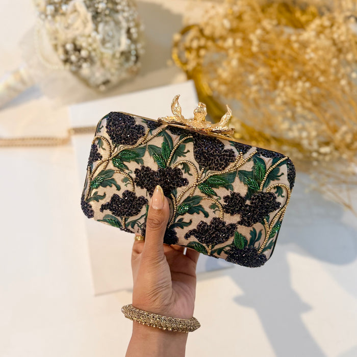Dark Purple Floral Clutch | Hand-Embroidered Floral Evening Bag