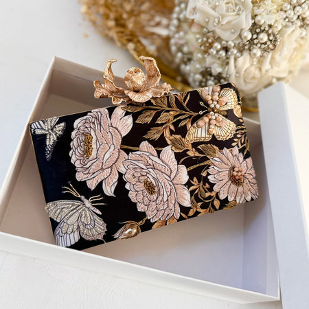 Black & Blush Rose Butterfly Clutch | Floral Evening Bag