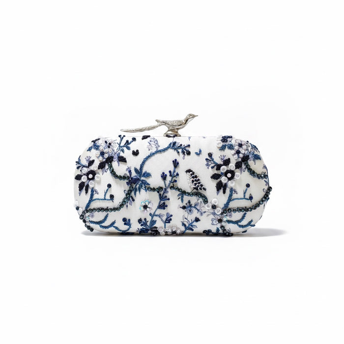 Floral Zardosi Bridal Clutch: Navy Blue Printed Wedding Clutch With Silver Bird Knob
