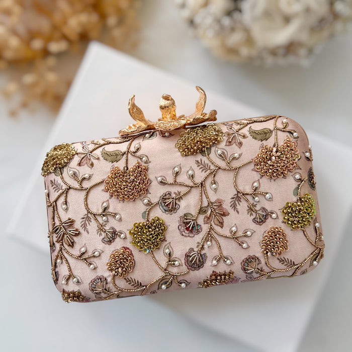 Multicolor Printed Hand-Embroidered Clutch Bag, Dusty Link Floral Evening Purse