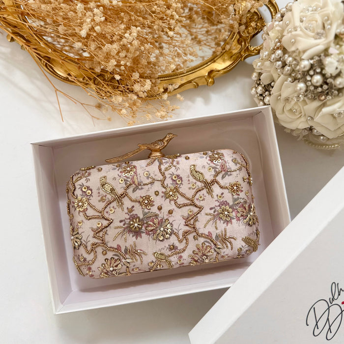 Champagne Bird Motif Hand-Embroidered Clutch With Bird Knob