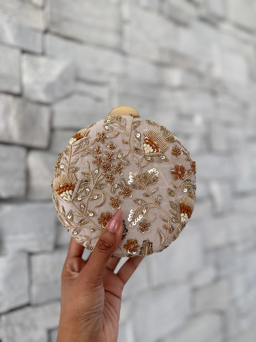 Beige Round Shape Mini Clutch: Handmade Statement Bag