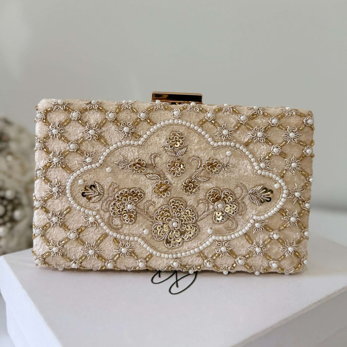 Beaded Ivory Cream Velvet Bridal Clutch Zardosi Wedding Purse finesse 