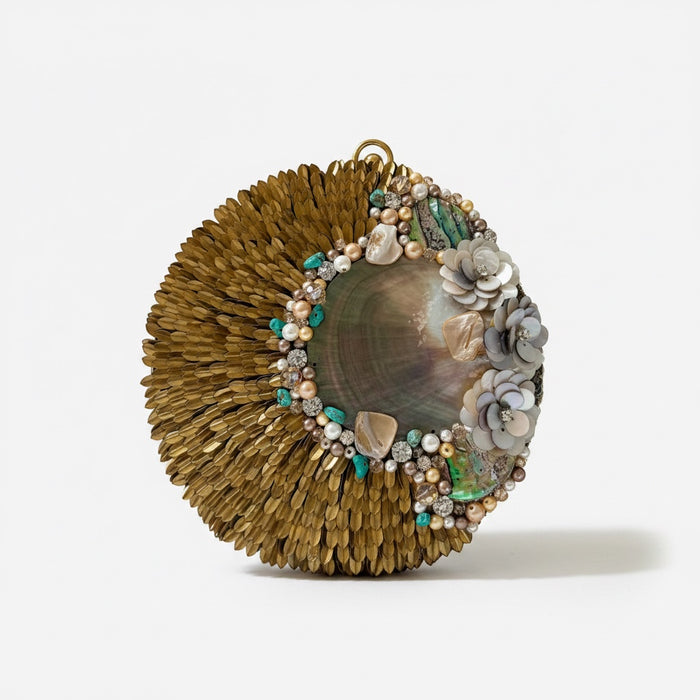 Brass Statement Clutch | Natural Shell, Turquoise Gemstones & Mother of Pearl