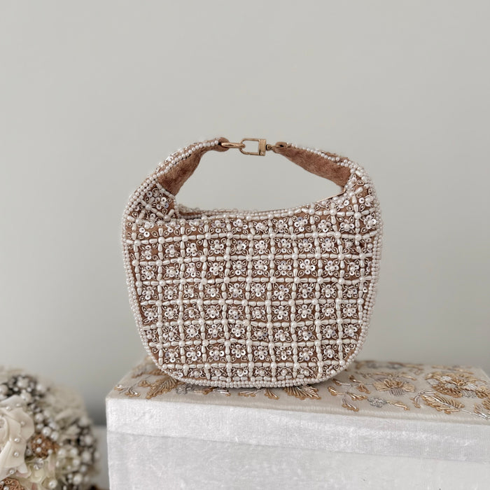 Beaded Bridal Top Handle Bag: Natural Tone Handmade Wedding Clutch