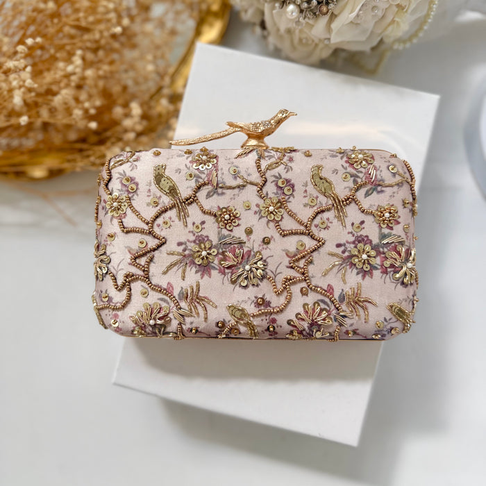 Champagne Bird Motif Hand-Embroidered Clutch With Bird Knob
