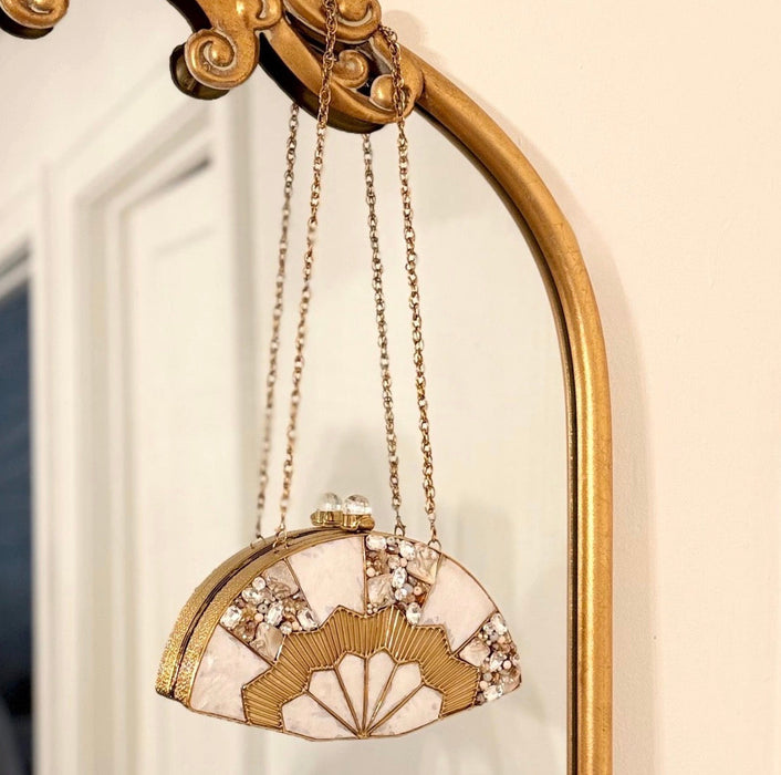 Mother of Pearl Fan Clutch: Gold Plated Statement Clutch