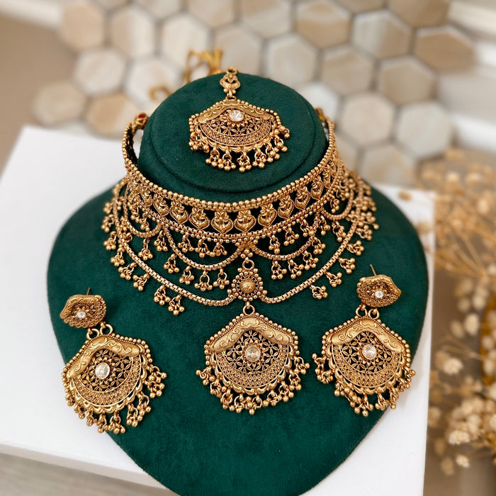Gold Plated Bridal Necklace Set - Choker Set with Earrings and Tikka