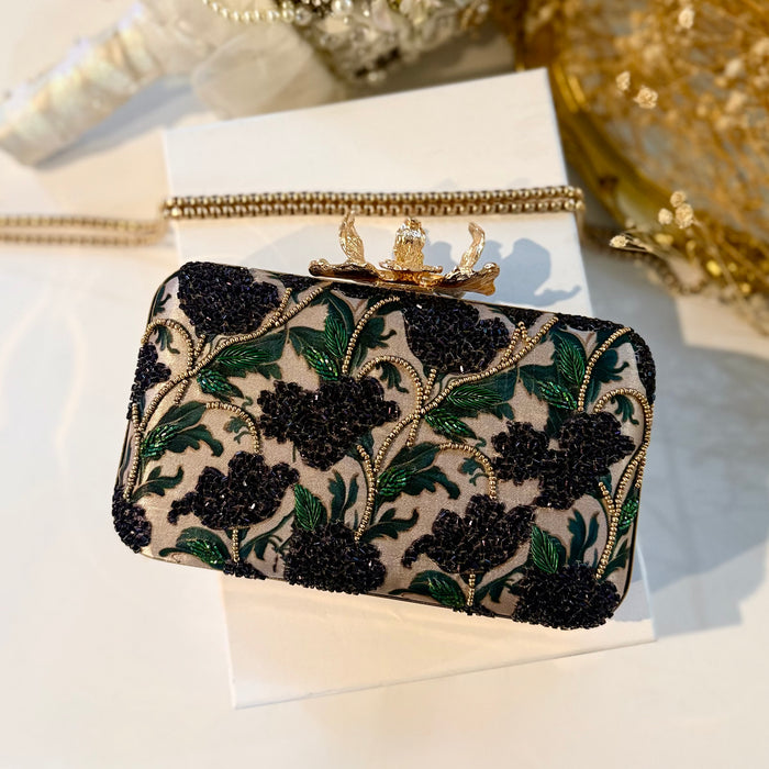 Dark Purple Floral Clutch | Hand-Embroidered Floral Evening Bag
