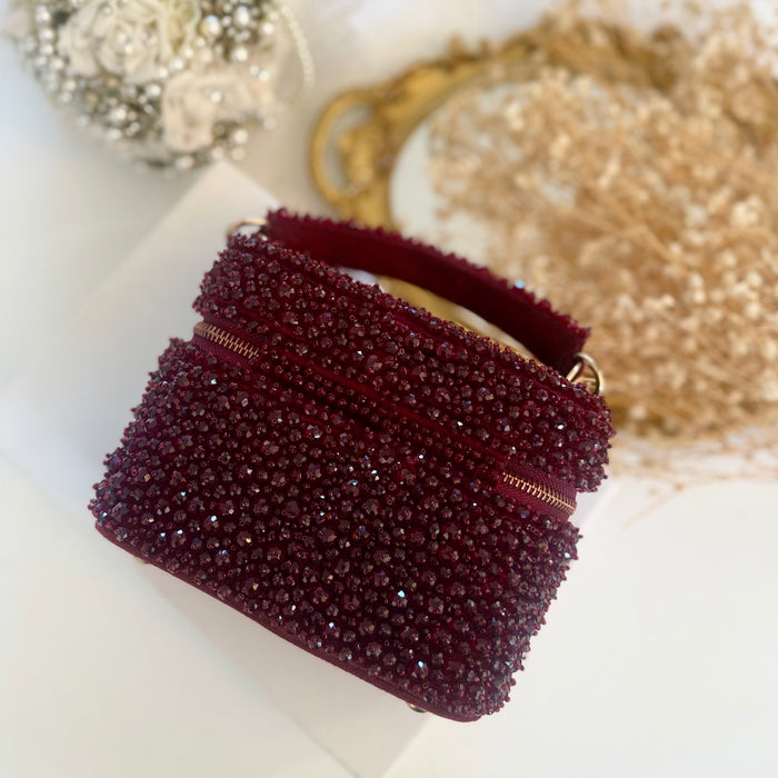 Maroon Crystal Vanity Case Bag | Suede Bridal Evening Bag