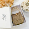 Mini Gold Crystal Bridal Clutch: Pearl Handle Wedding Evening Bag
