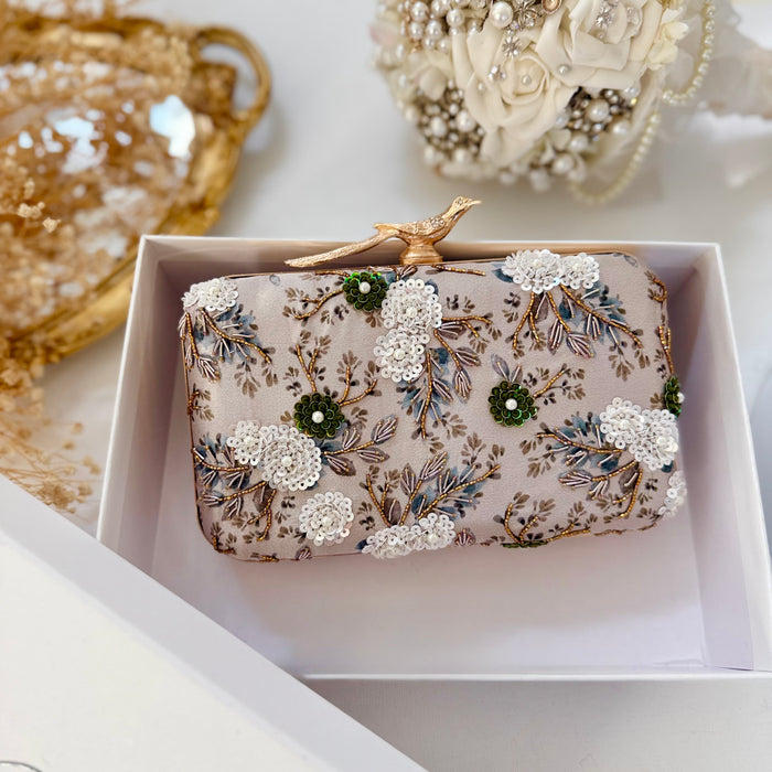 Gray Floral Hand-Embroidered Clutch Bird Knob 