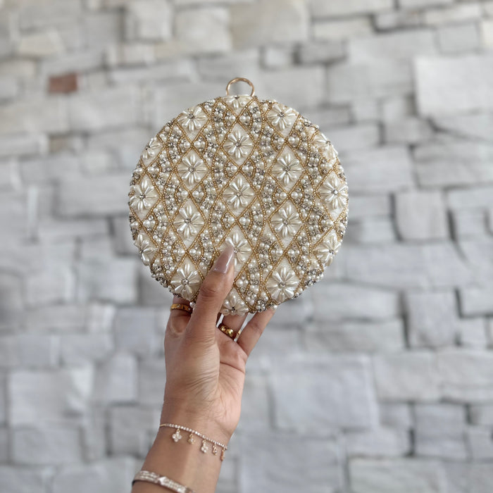 Beaded Bridal Clutch: Ivory Velvet Round Wedding Purse