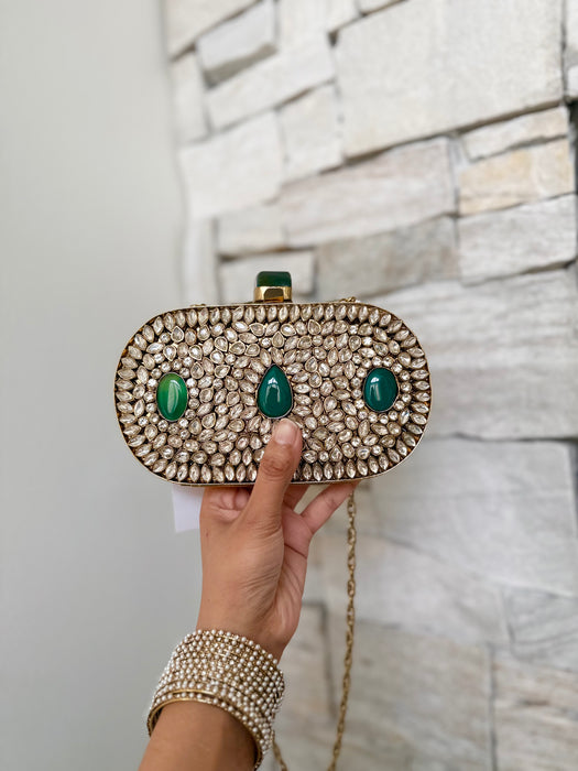 Emerald Green Kundan Clutch: Brass Bag With Green Onyx Gemstone