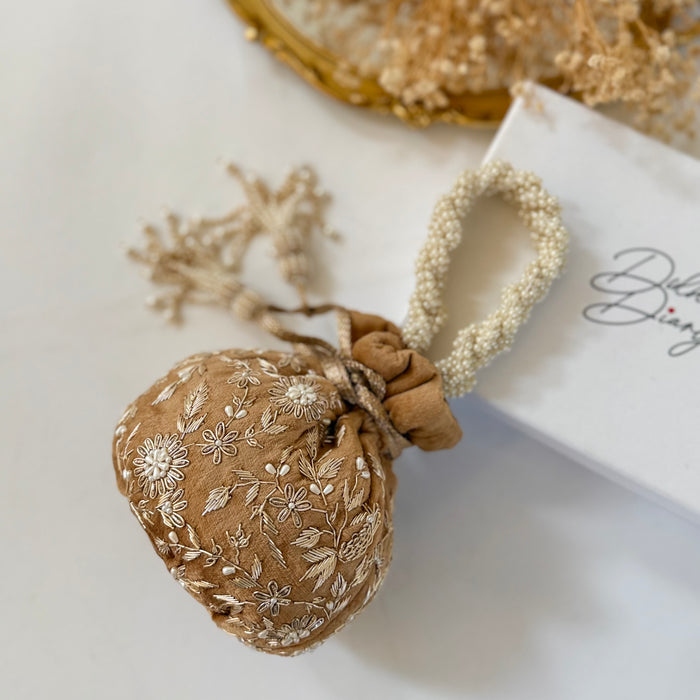 Gold Velvet Zardosi Potli Bag with Pearl Embellishments