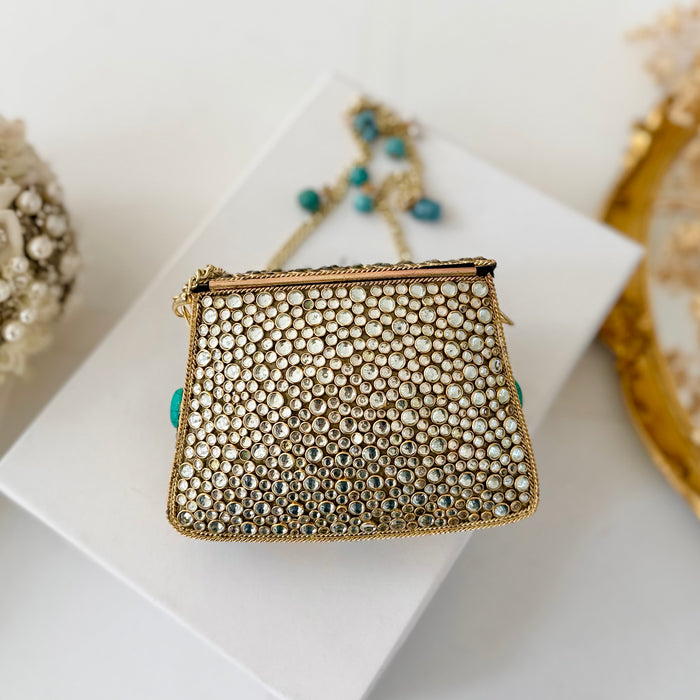 Natural Turquoise Gemstone Mini Clutch | Kundan Detailing on Brass Frame
