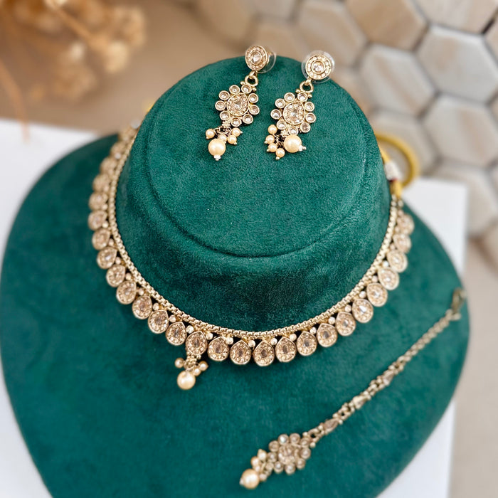 Indian Gold Plated Jewelry Set: Minimalist Bridal Necklace, Earrings and Tikka Set