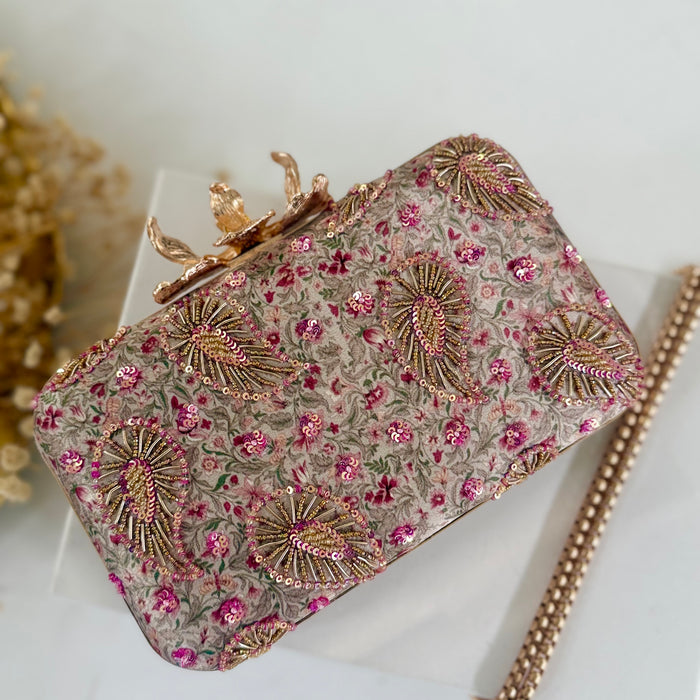 Multicolor Printed Hand-Embroidered Clutch Bag | Green and Fuchsia Floral Purse