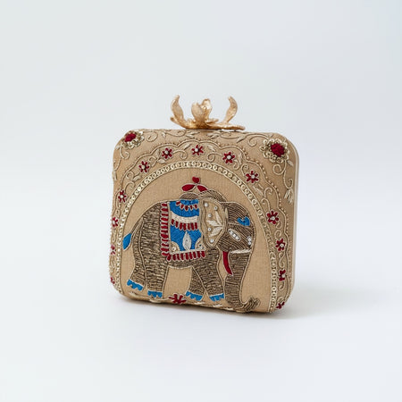 Mughal Inspired Clutch | Zardozi Elephant Motif & Large Flower Knob